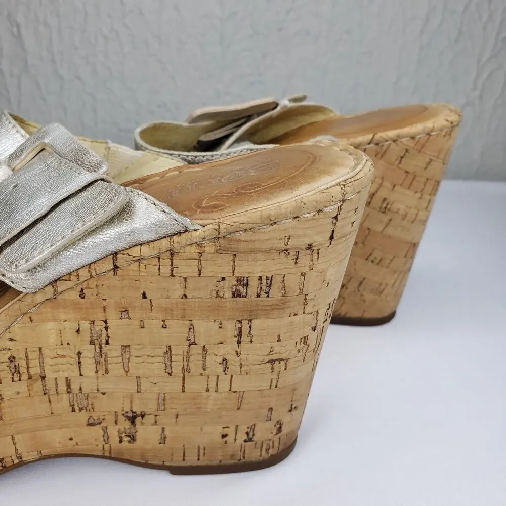 Born Womens 10 High Wedge Platform Light Gold Strappy Cork Sandals Slip Ons